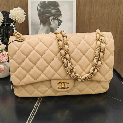 CHANEL BEIGE シャネル Chanel Classic Flap Jumbo Beige Gold Hardware Shoulder Crossbody