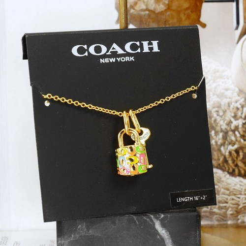 NWT Coach Signature Rainbow Padlock Lock Key Necklace Gold Tone - Picture 3 of 7