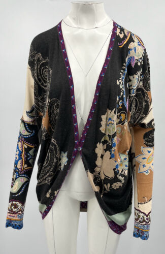 Etro Multicolor Paisley Print Seide/Kaschmir Ein-Knopf Cardigan Pullover Gr. 50