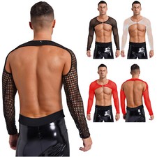 Mens Hollow Out Fishnet Crop Top See-through Muscle Tops Long Sleeve Tank Top