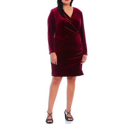 Alex Marie Plus Sz 22W Long Sleeve Burgundy Red Velvet Ruched Faux Wrap  Dress D5 | eBay