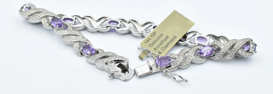 PULSERA DE AMATISTA Y DIAMANTES GENUINA DE 6,20 quilates chapada en oro blanco de 14k - nueva con etiquetas Foto 3 de 3