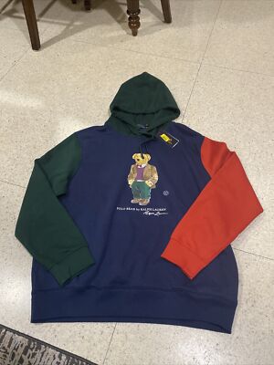 NWT Polo Ralph Lauren Men Navy Color Block Graphic Bear Pullover Hoodie Sz 4XLT