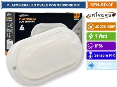 UNIVERSO PLAFONIERA LED 9W DOME LIGHT OVALE CON SENSORE DI MOVIMENTO DA ESTERNO IP56