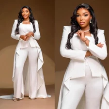 White Long Jacket with Train for Women Party Prom Evening Ladies 2 Pcs Outfit