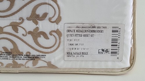 Frette Ornate Medallion Embroidery Queen Fitted Sheet Set Milk/Savage Italy - Picture 3 of 9