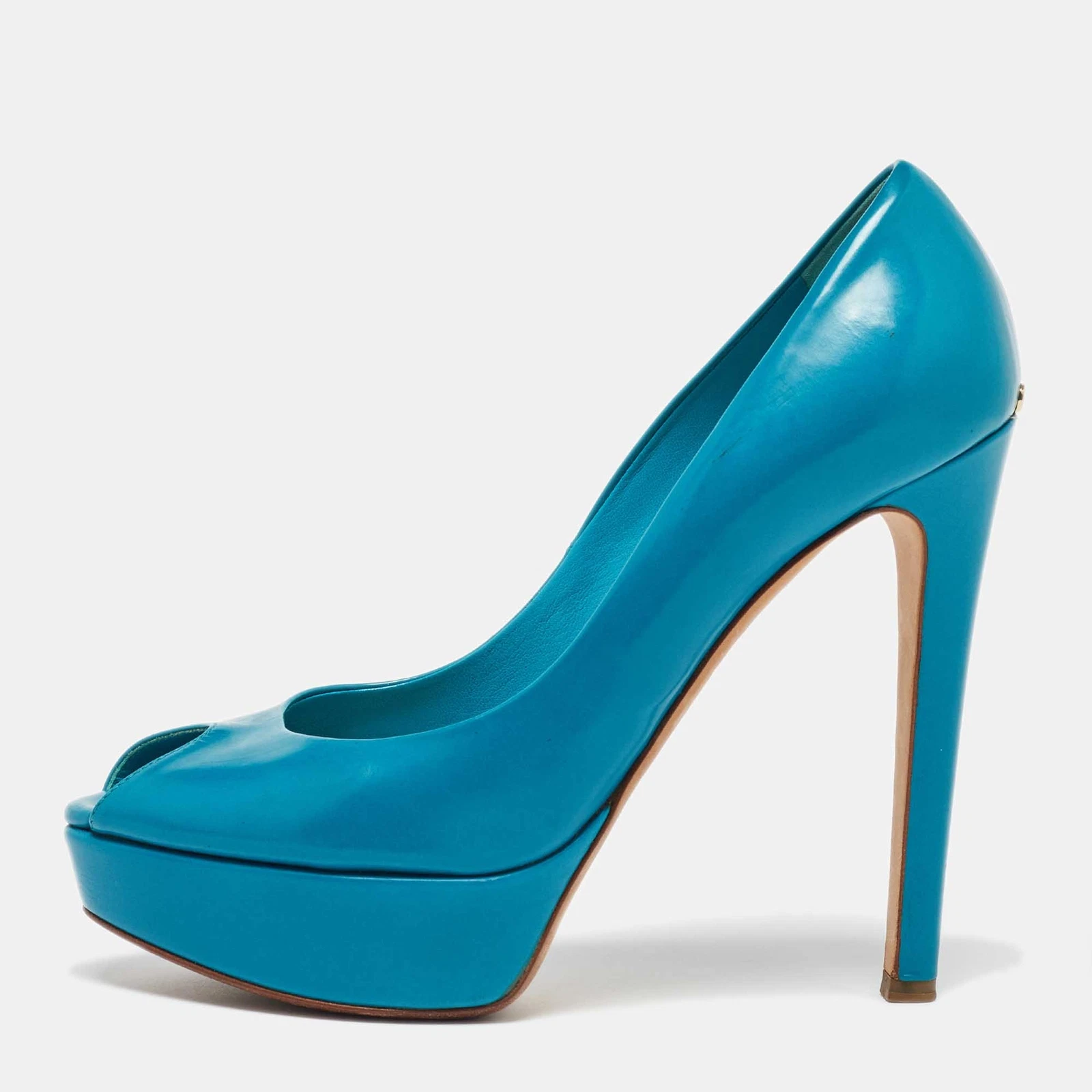 Escarpins plateforme bout ouvert Dior cuir verni bleu Miss Dior pointure 38,5