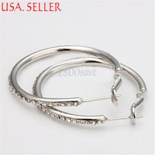 18K White Gold Filled Elegant Crystal Circle Hoop 40MM 50MM 60MM Earrings Y036