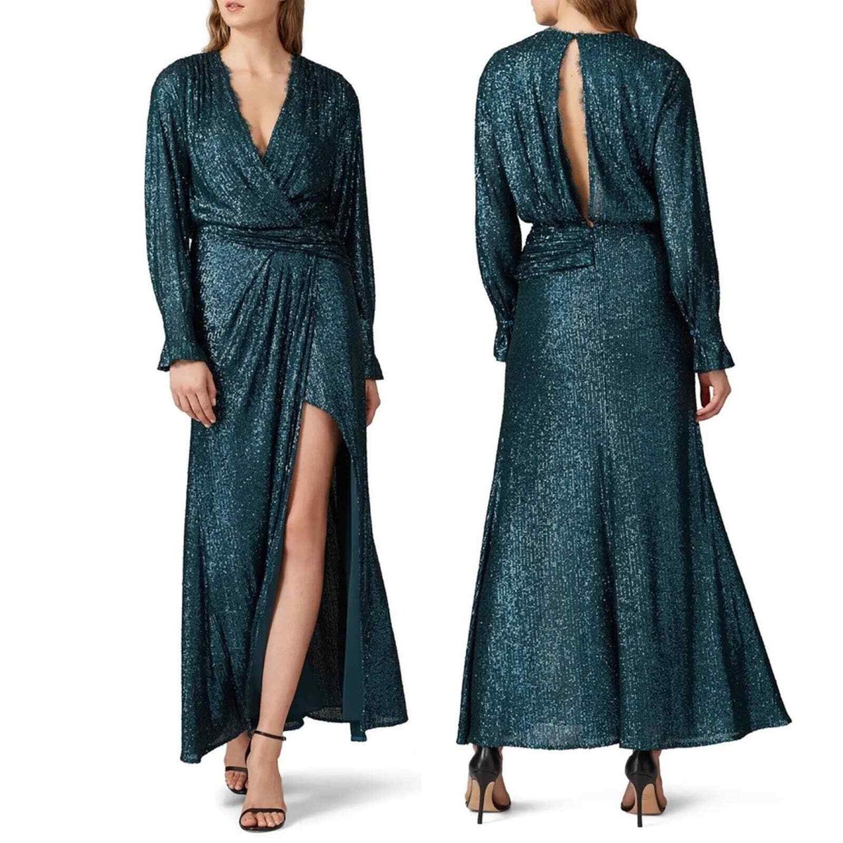 Jonathan Simkhai Sequin Embroidered Long Sleeve Draped Front Gown in Blue  Marine