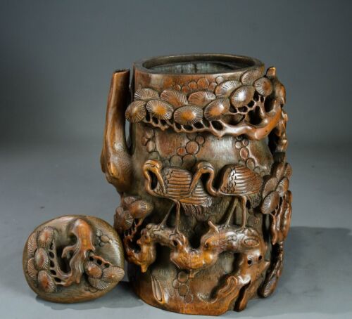 Antique Vintage Chinese Old Bamboo Intricately Carved Pine Crane Teapot Statues - Picture 1 of 8