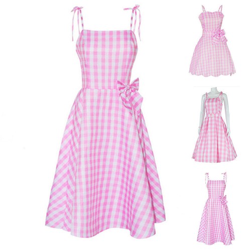 Movie Barbie Adult Cosplay Costume Pink Plaid Dress Halloween Party Fancy Dress - Picture 4 of 11