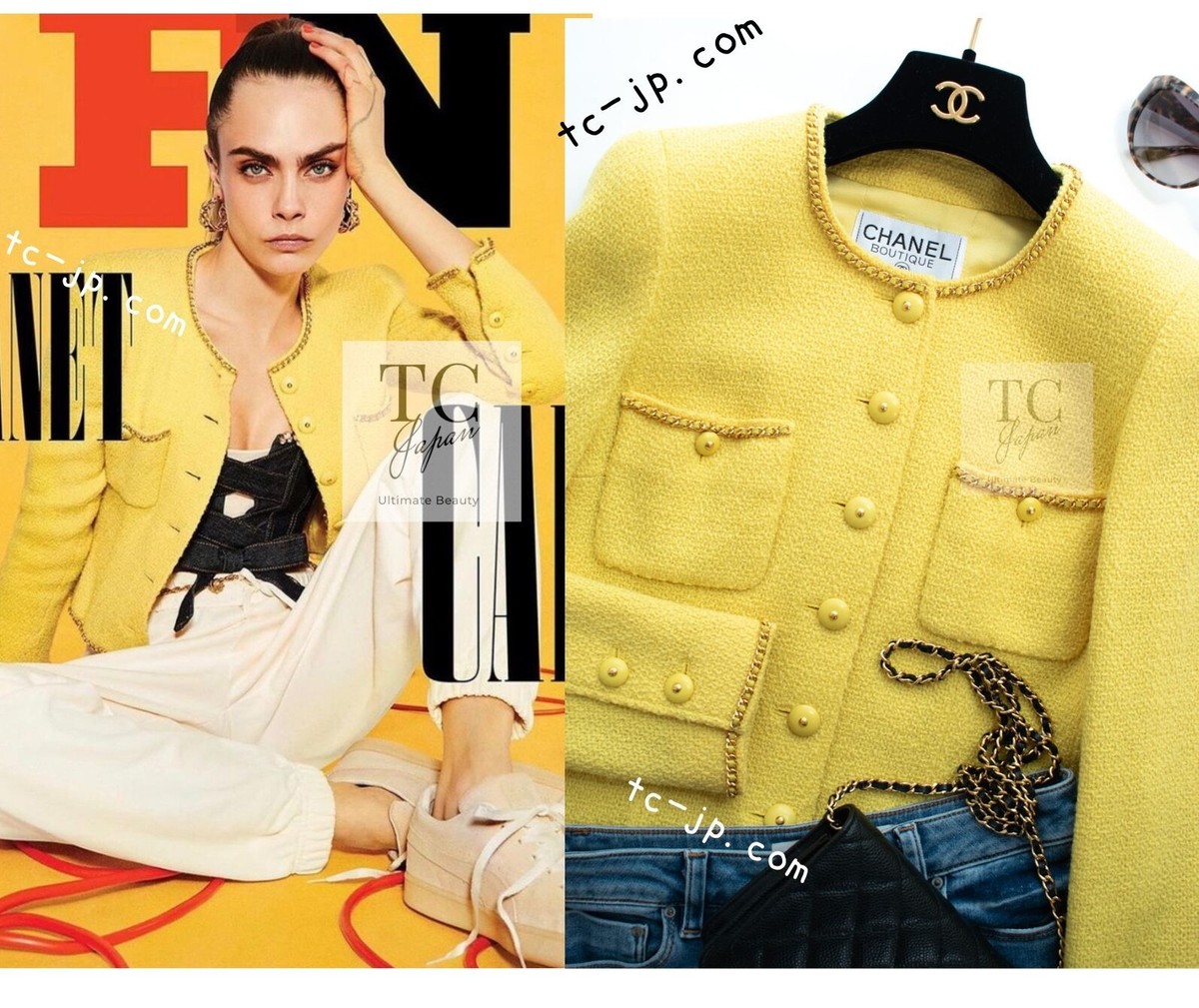 CHANEL 95A Vintage Yellow Gold Chain Trim Wool Tweed Jacket CHANEL 95A Vintage Yellow Gold Chain Trim Wool Tweed Jacket