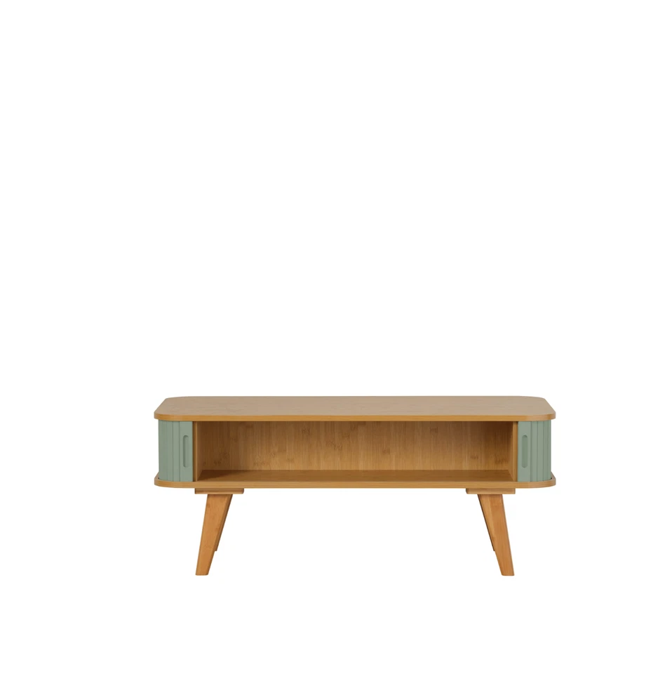 Bamboo Coffee Table with Sage Green Sliding Doors 400mm H x 1000mm W x 500mm D - Image 3 of 3