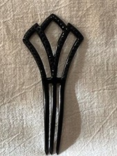 Art Deco black celluloid black rhinestone 3 pronged long decorative hair comb