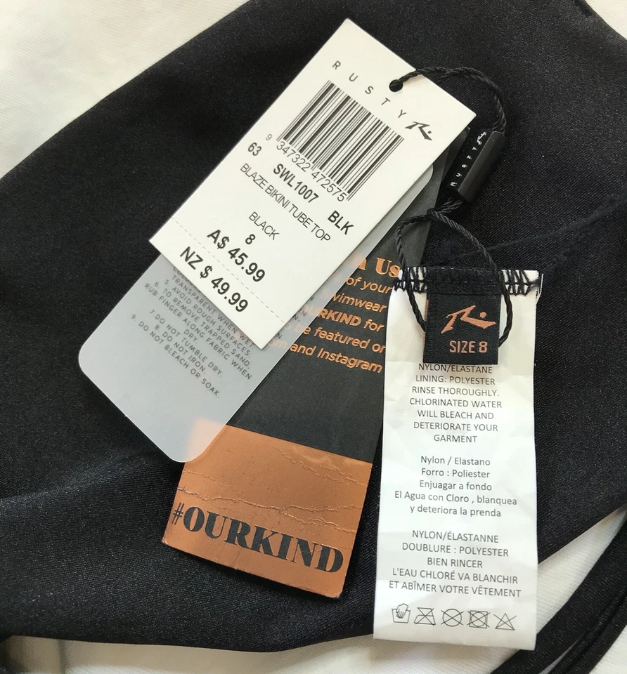 Rusty NUEVO Top Tubo Bikini Talla 8 “Blaze” Negro Marrón PVP $45.99, Etiqueta de Diseñador Foto 4 de 4