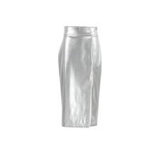 Ladies Punk Silver PU Leather Half Dress Bodycon Skirt Split Night Clubwear Prom