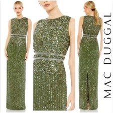 Mac Duggal 93603 Sequined High Neck Sleeveless Column Gown Olive Green Size 4