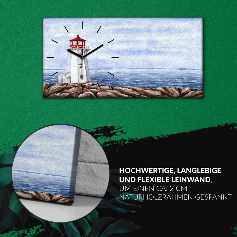Wanduhr Uhr Wandbild Leinwand Geräuschlos 60x30 Leuchtturm Wasser Landschaft - Bild 2 von 4