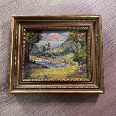 Vintage Miniature Painting by Carl Roth, Lake Scene With People