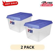 2 Pack Hefty 72 Quart Clear Storage Tote Bin Blue Hi-Rise Latching Lid