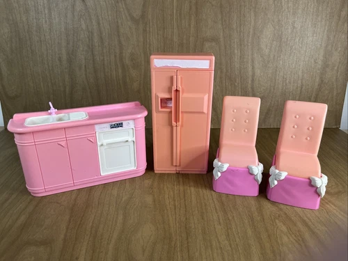 Vintage 1990s Pink Barbie Kitchen Set Dishwasher Fridge Sink Arco Dining Chairs