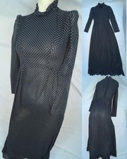 VTG 60S 70S DOES 40S WOMENS S BLACK POLKA DOT LONG HOUSE WORK DRESS