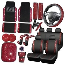 Bling Diamond Car Accessories Set for Women, Leather Car 23 PCS Red Diamond