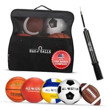 Complete Sports Balls w/Bag, Pump for Boys - Kickball, Volleyball, Soccer 