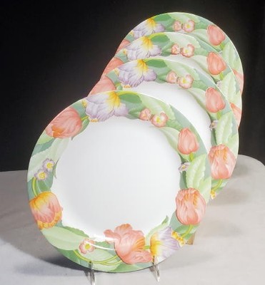 ARCOPAL France (4) Dinner Plates FANTASY colorful tulip floral border 10-5/8''