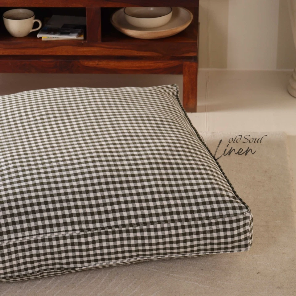 Capa almofada de chão de linho gaze feita à mão boho xadrez gingham pufe fronha - Imagem 4 de 4