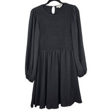 Molly Bracken Dress Smocked Long Sleeve Babydoll Mini Black Casual Womens Medium