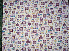 Vtg Feed Sack Fabric multicolor hearts. houses design 1930's-1950's -37" x 44"