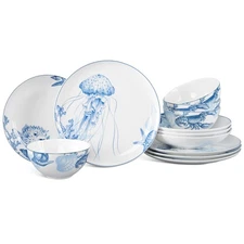 Minh Long 12-PCS Porcelain Coastal Dinnerware Set, Plates, Bowls, Service for...