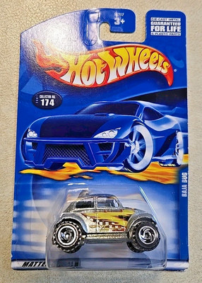 2001 Mattel Hot Wheels #174 Silver Baja Bug Car w Razor Rims & Flame Decals