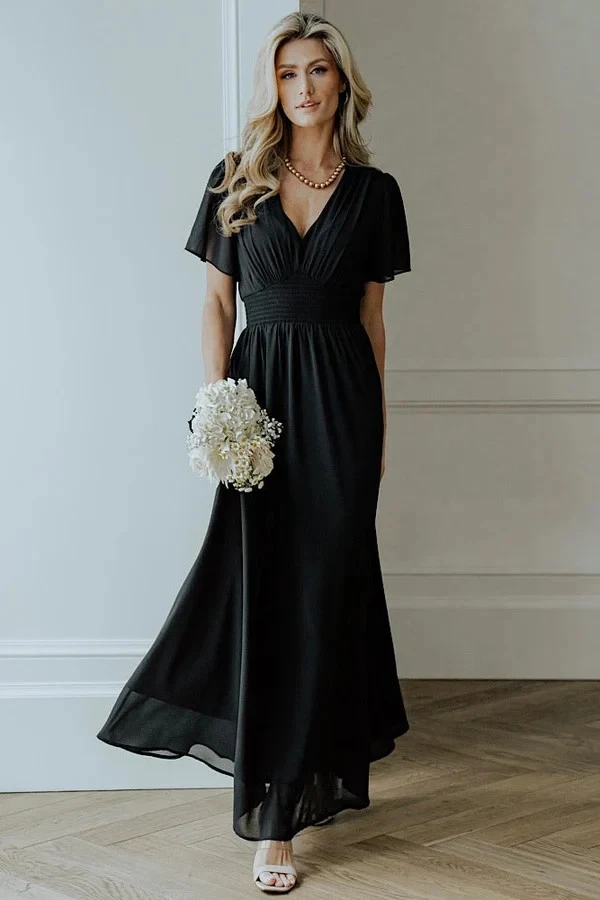 chinese dress ladies IVY CHIFFON MAXI DRESS IN BLACK  DE LA VALI OFFICIAL