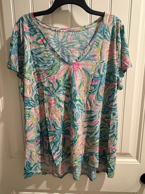 Lilly Pulitzer Etta V-Neck Top Size XXL Tropical Print Teal Pink 100% Cotton