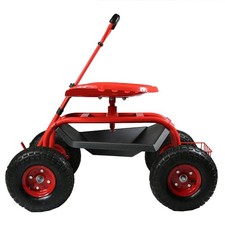 Garden Seat with Wheels, Adjustable Handle - Portable Outdoor Stool, Red