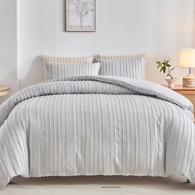 Warmdern King Boho Duvet Cover Set Light Grey Striped Microfiber 3Pcs Bedding