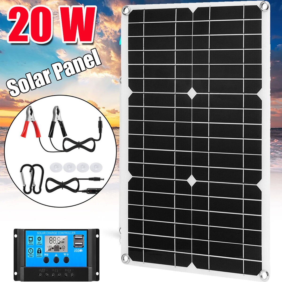 20W 12V Solar Panel Kit 12V Charging Off-Grid Battery Power 