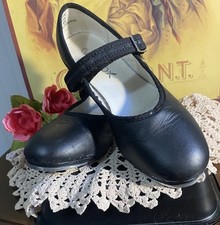 Capezio Tap Black Shoes Leather Teltone Preowned Girls Dance Size13.5