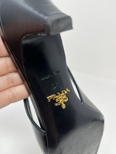 Prada Black Logo Bow Pointed Toe Slingback Kitten Heel Low High Heels Pumps 37 7 - Picture 6 of 7