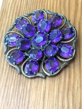 Vintage Large Art Nouveau Bronze Tone Brooch W/  Purple Rhinestones 2 1/2"