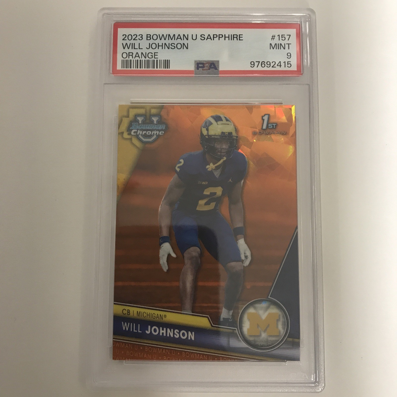 2023 Bowman Chrome U Sapphire Will Johnson #157 Orange /25 Michigan PSA 9 -TCCCX