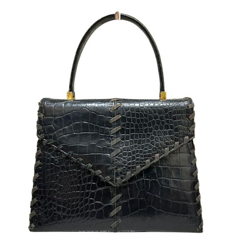 Vintage Yves Saint Laurent YSL Black Leather Tote Bag Handbag Croc From Japan