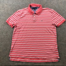 VTG Tommy Hilfiger Polo Shirt Mens Large Pink Stiped Short Sleeve Flag Logo