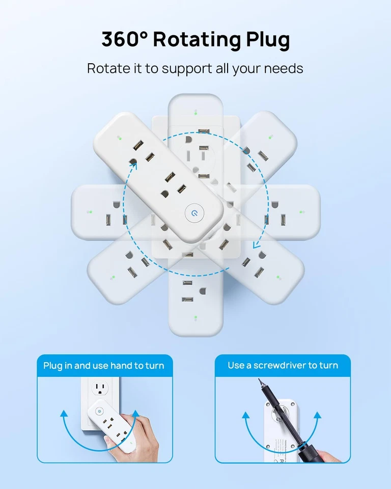 Outlet Extender Surge Protector 6 AC Outlet Splitter with 360° Rotating Plug ... - Image 3 of 4