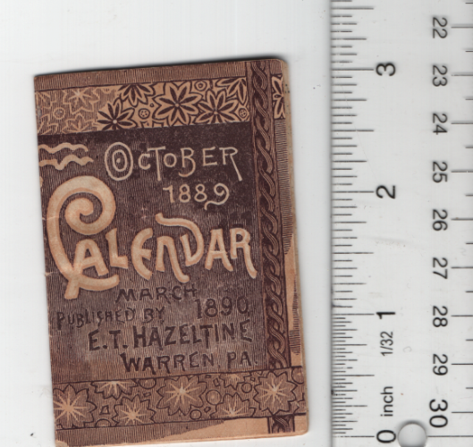 E.T. Hazeltine 1889-1890 Calendar Victorian Trade Card 2