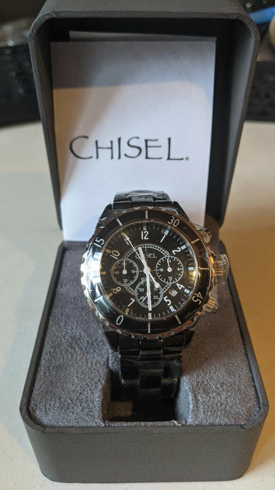 Reloj cronógrafo esfera negra cincel con fecha cerámica para hombre TPW5 Foto 2 de 4