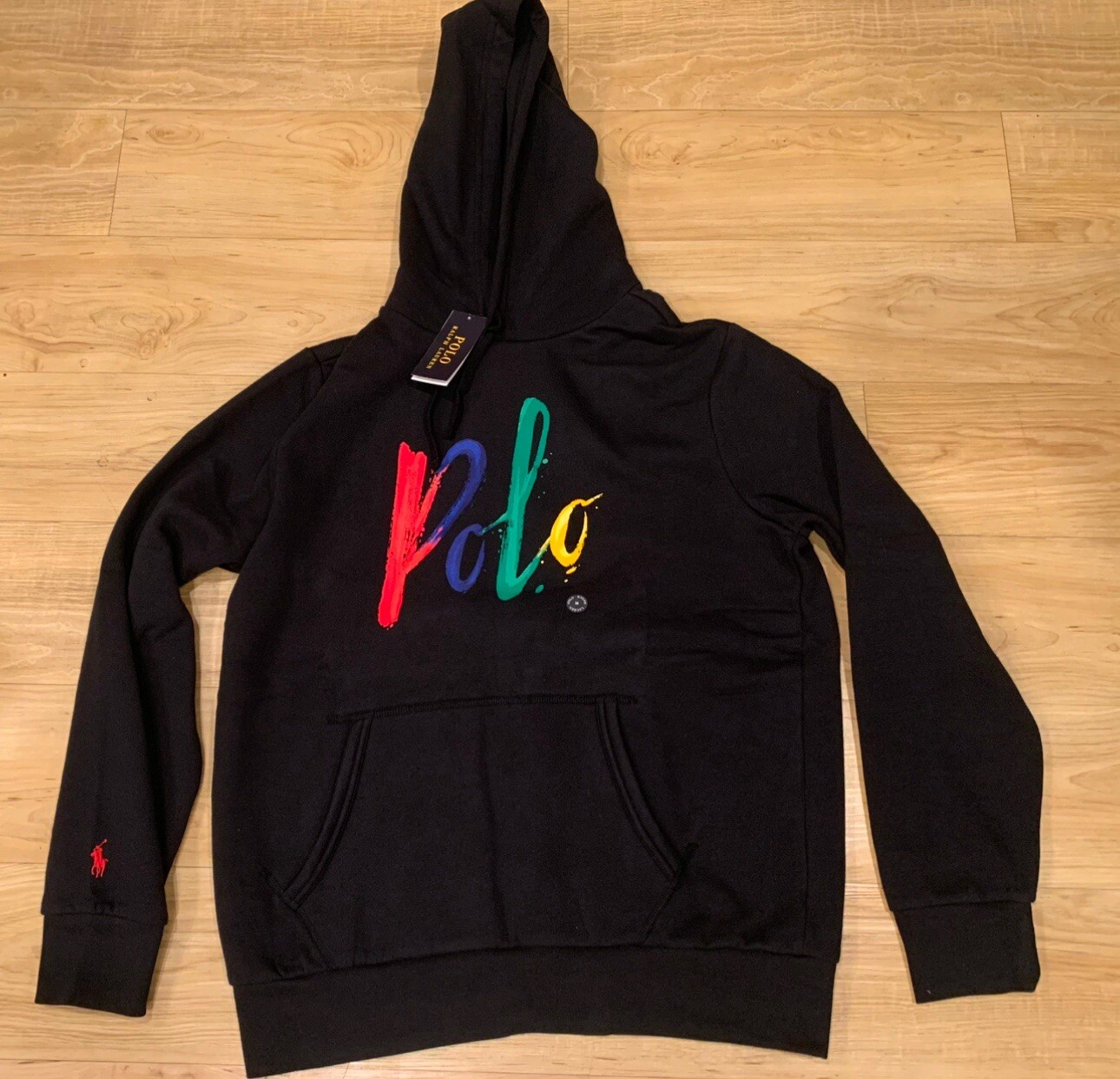 Polo Ralph Lauren Uomo Vernice Splatter Pile Pony Pullover Felpa con Cappuccio Nero Nuovo con etichette M