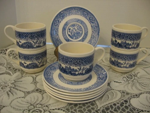 Vintage BLUE WILLOW lot of 5 stacking CUPS / MUGS and 6 SAUCERS cups marked USA